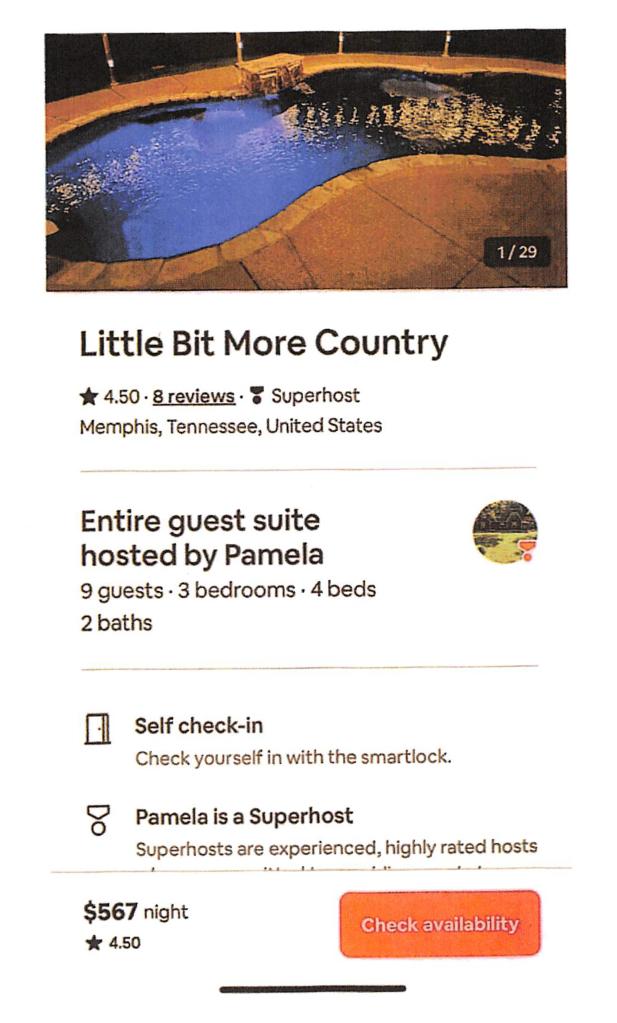 Airbnb listing for Pamela Fohler's "Little Bit More Country" home in Memphis