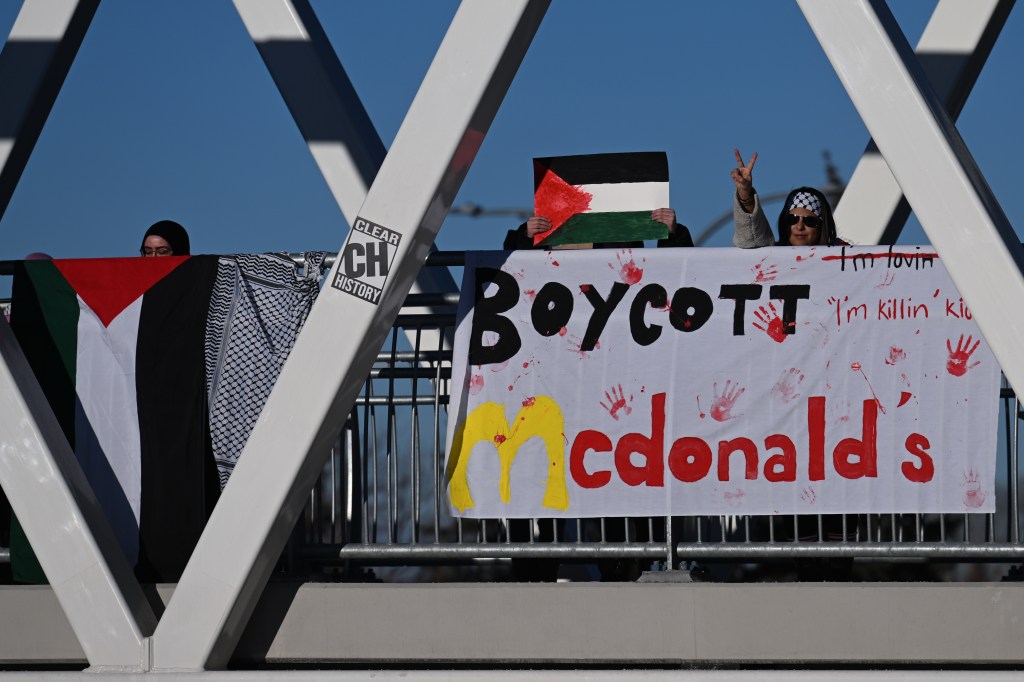 Group of people holding "Boycott McDonald's" banner during Action Boxing Day protest on WEM pedestrian bridge in Edmonton, Canada.