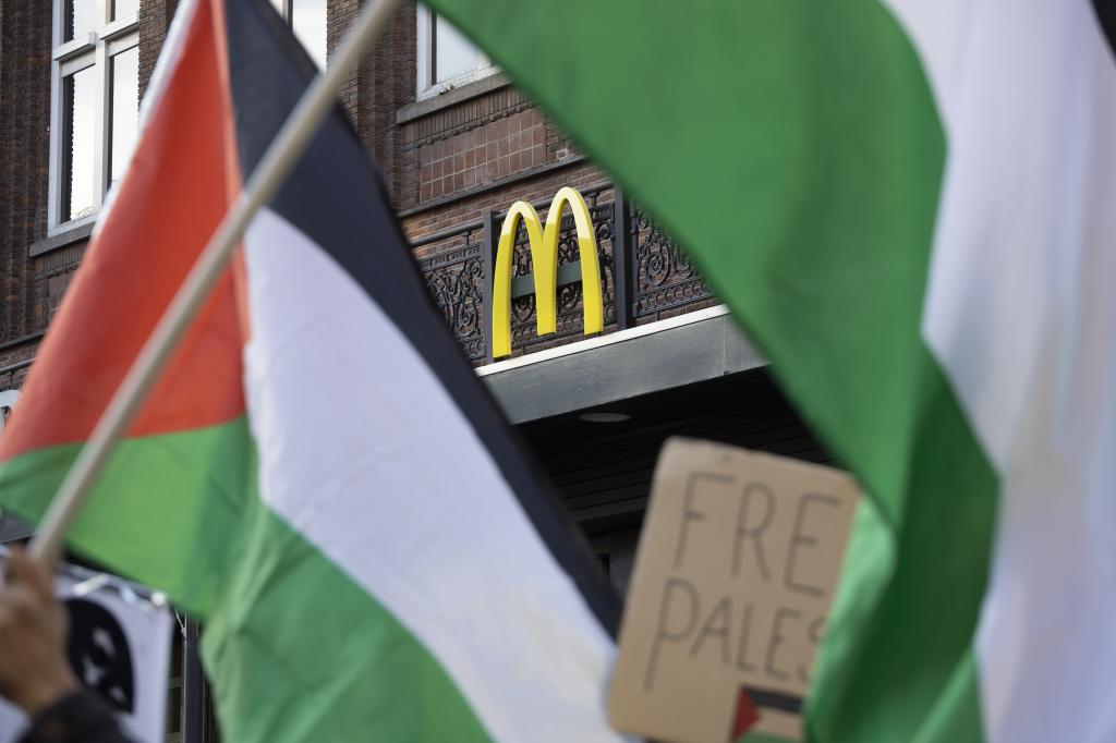 Pro-Palestinian protesters hold banners and flags outside a McDonald's in Eindhoven. (Photo by Nikos Oikonomou/Anadolu via Getty Images)