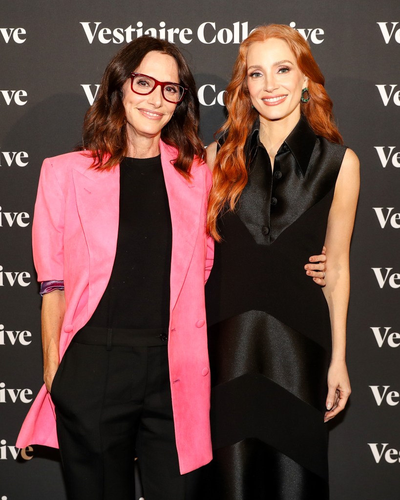 Jessica Chastain and Elizabeth Stewart pose for a photo at their Vestiaire Collective event