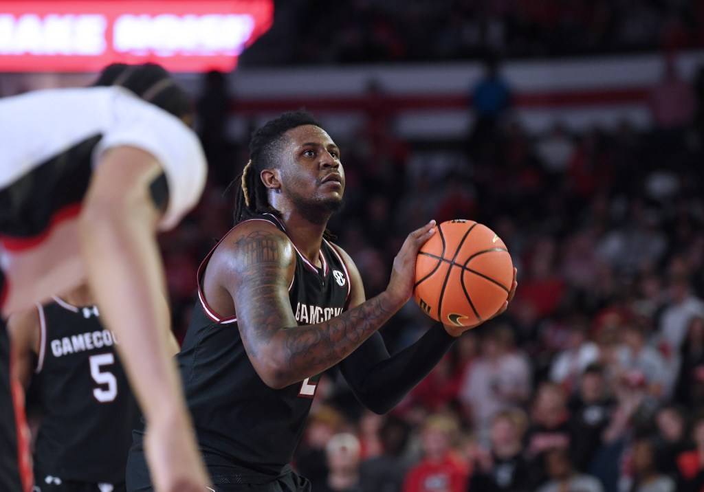 South Carolina Gamecocks Forward B.J. Mack (2) shoots a free throw during the college basketball game between the South Carolina Gamecocks and the Georgia Bulldogs.