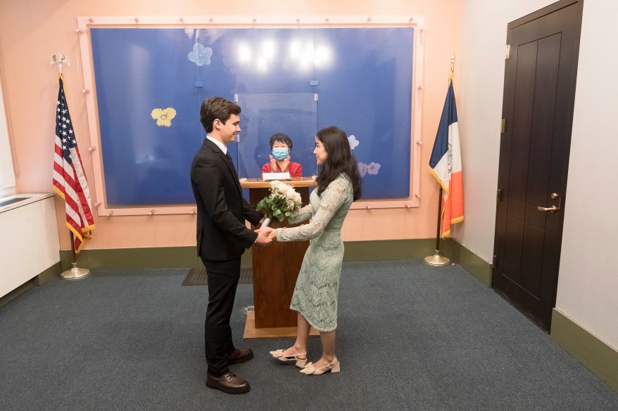 Parviz Subkhankulov and Vasila Abdumuminova getting married at the Office of the City Clerk.