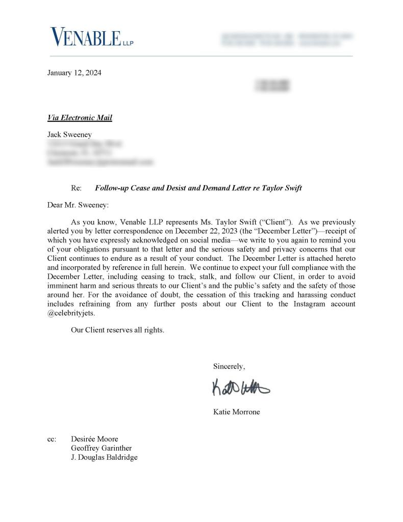 A photo of the cease and desist letter to Sweeney from Taylor Swift's lawyer is shown.