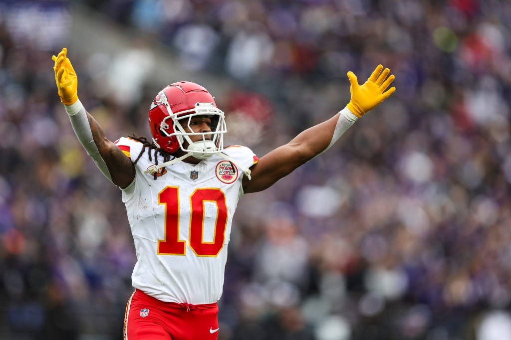 Isiah Pacheco #10 of the Kansas City Chiefs reacts during the AFC Championship NFL football game against the Baltimore Ravens.