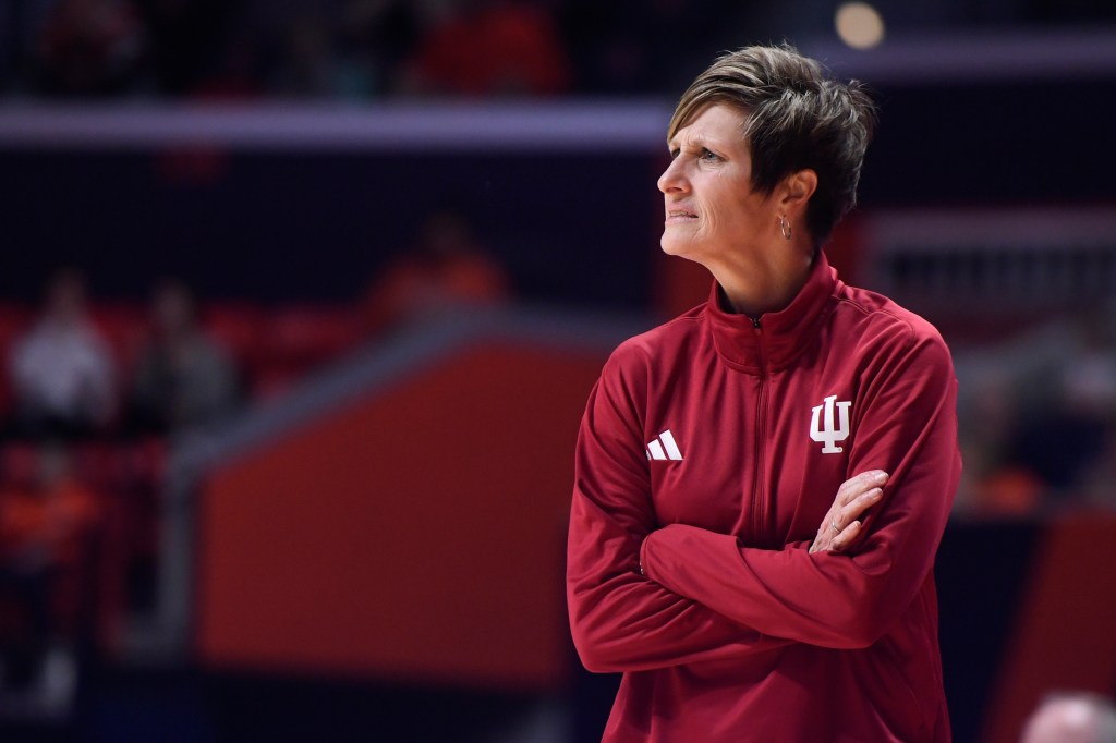 Indiana Hoosiers Head Coach Teri Moren looks on during the college basketball game between the Indiana Hoosiers and the Illinois Fighting Illini.