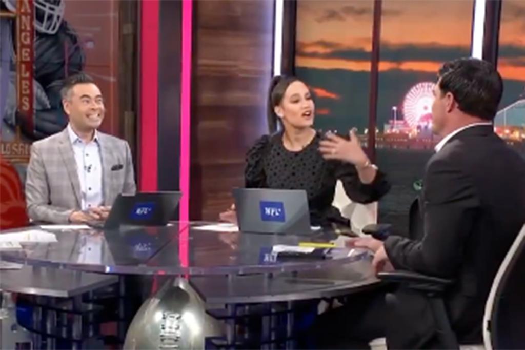 NFL Network host Kimmi Chex and anchor Mike Yam react to David Carr's joke about Taylor Swift on "Total Access" on February 5, 2024.  