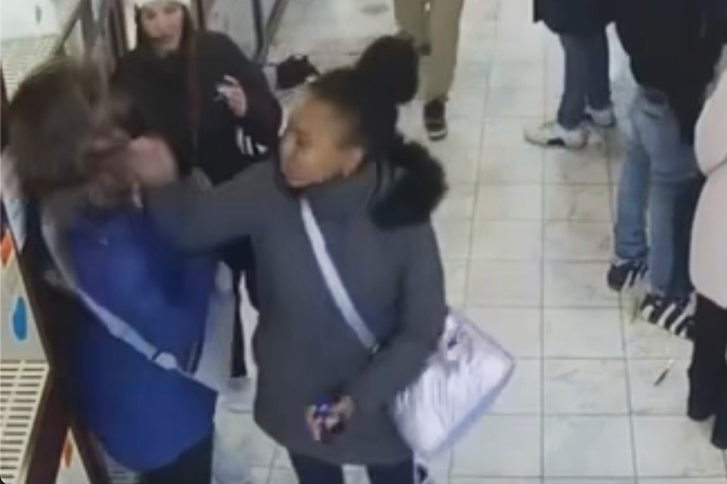 A woman was caught violently slapping a tourist inside a New York City pet store over the weekend.