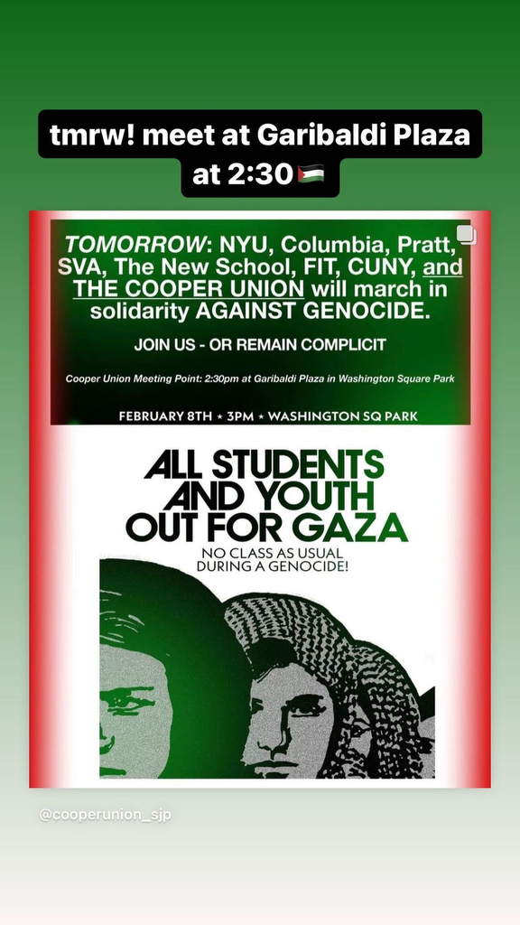 Screenshot of Instagram story from Cooper Union Students for Justice in Palestine post advertising rally "against genocide," reading "all students and youth out for Gaza."