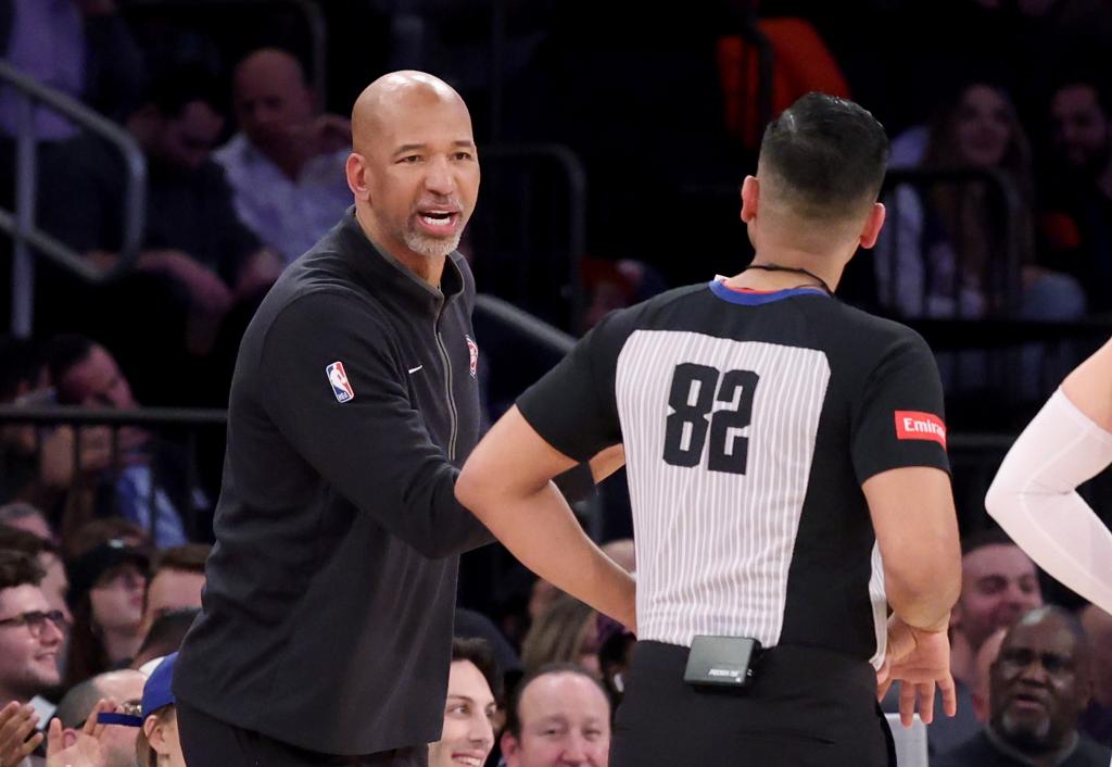 Pistons head coach Monty Williams reacts to a call to referee Suyash Mehta (82) during the fourth quarter  on Monday night. 