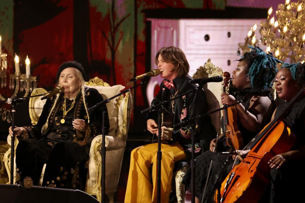 Joni Mitchell and Brandi Carlile perform onstage during the 66th Grammy Awards in LA on Feb. 4, 2024.