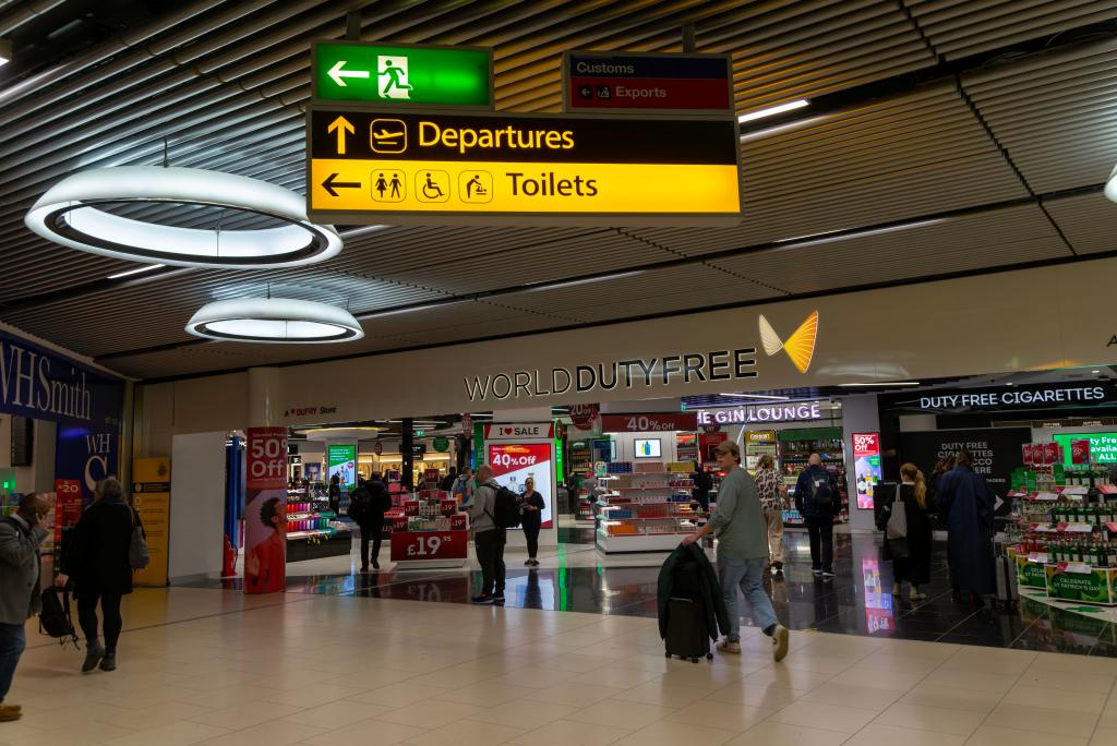 World Duty Free shopping area at Departures, South Terminal, London Gatwick airport.