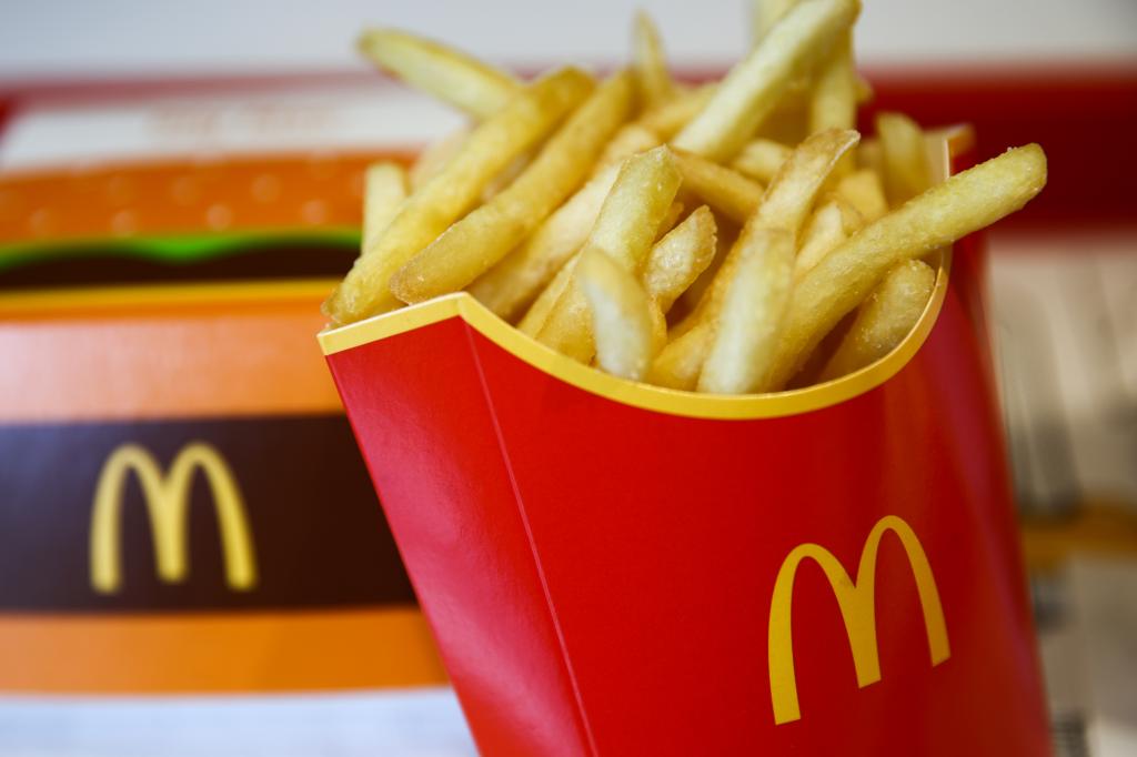 French fries on a McDonald's restaurant table in Chelm, Poland.