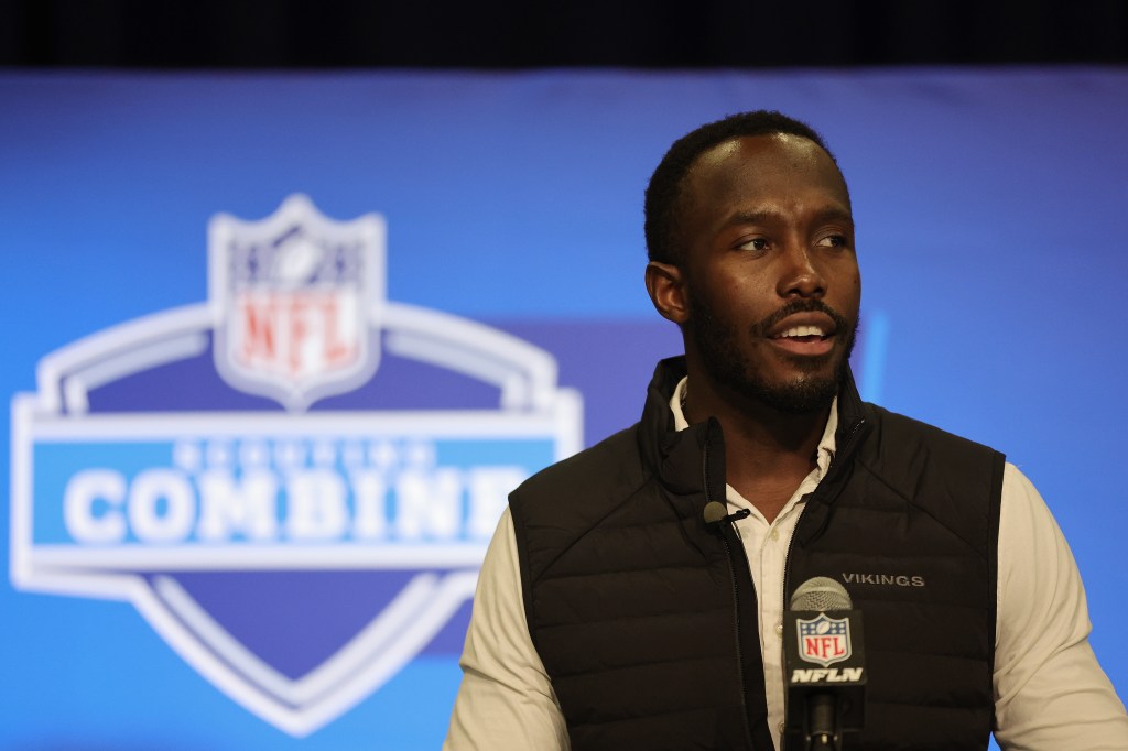 Vikings general manager Kwesi Adofo-Mensah speaks Tuesday at the Combine.