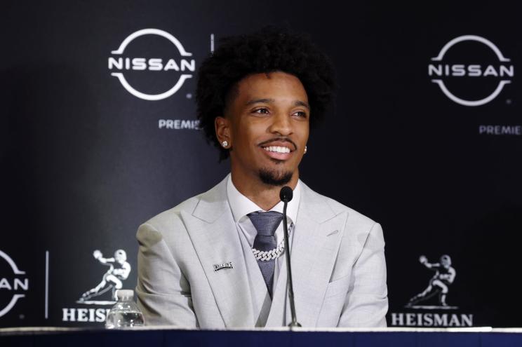 Jayden Daniels of the LSU Tigers speaks to the media during a press conference ahead of The Heisman Memorial Trophy ceremony.