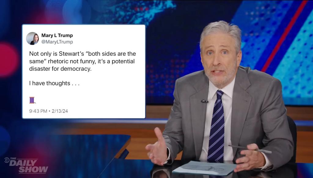 Jon Stewart made fun of backlash from Mary Trump, Donald Trump's niece after she called the comedian a "danger to democracy."