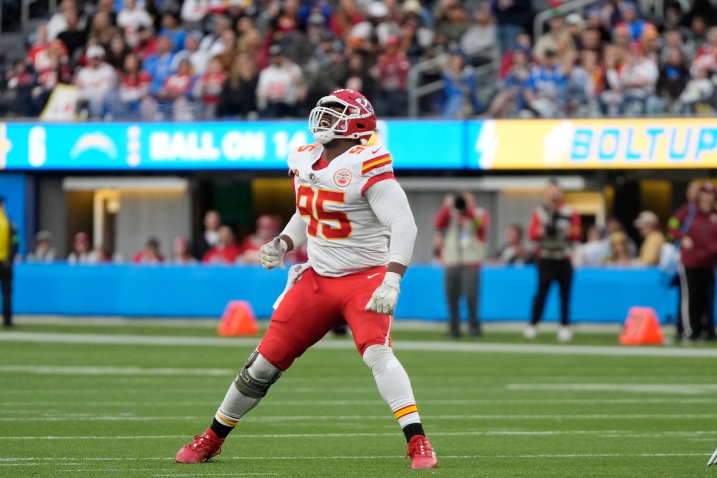 Chiefs defensive tackle Chris Jones celebrates after sacking Los Angeles Chargers quarterback Easton Stick