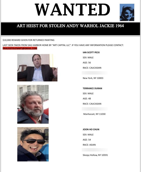 Flyer reading "Wanted: Art heist for stolen Andy Warhol Jackie 1964"