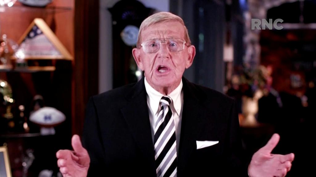 Lou Holtz, former head football coach at the University of Notre Dame, speaks during the largely virtual 2020 Republican National Convention broadcast from Washington, U.S. August 26, 2020. 