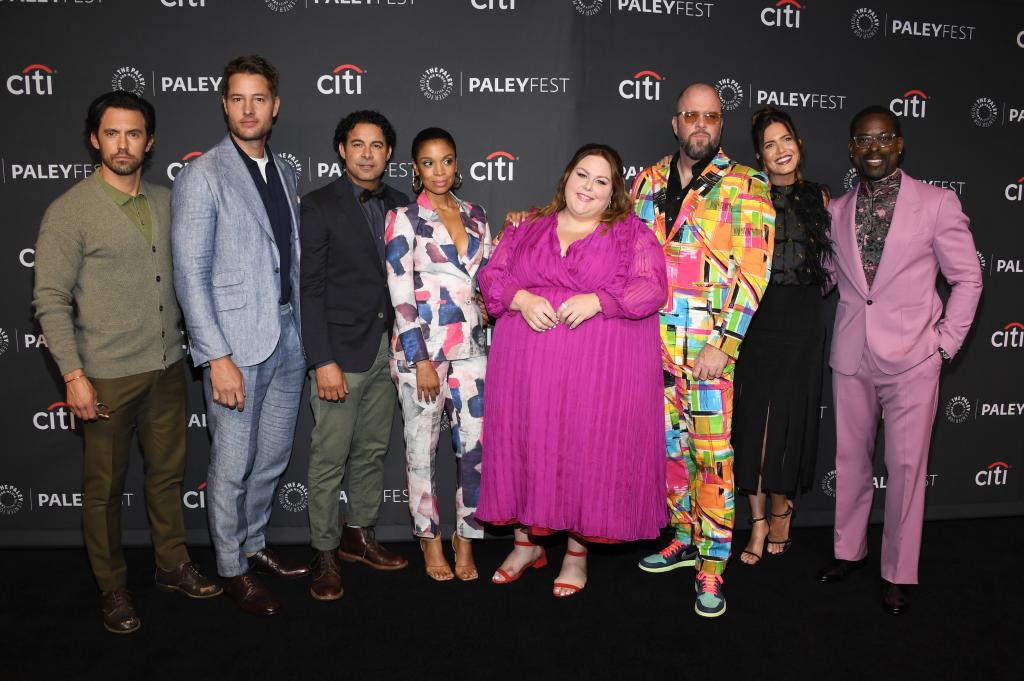 Justin Hartley with his former "This Is Us" co-stars: Milo Ventimiglia, Jon Huertas, Susan Kelechi Watson, Chrissy Metz, Chris Sullivan, Mandy Moore and Sterling K. Brown. 