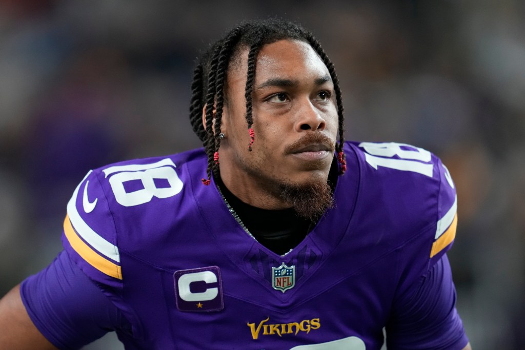 Minnesota Vikings' Justin Jefferson warms up before a game against the Green Bay Packers Sunday, Dec. 31, 2023, in Minneapolis.