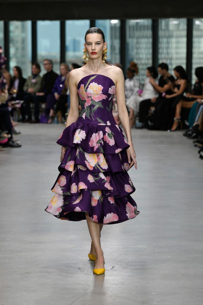 A purple floral Carolina Herrera gown