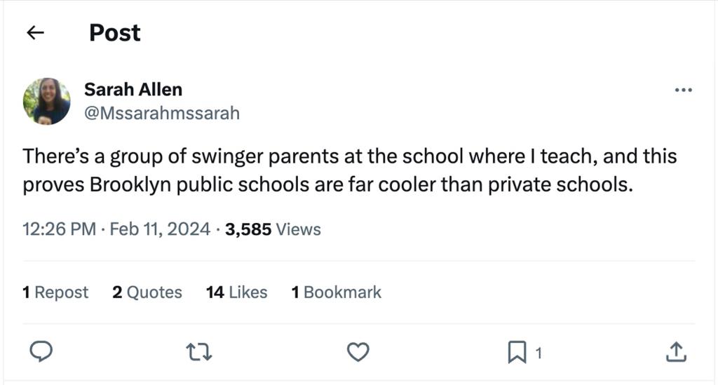 A screenshot of a tweet by Sarah Allen about swinger parents at a school where she teaches