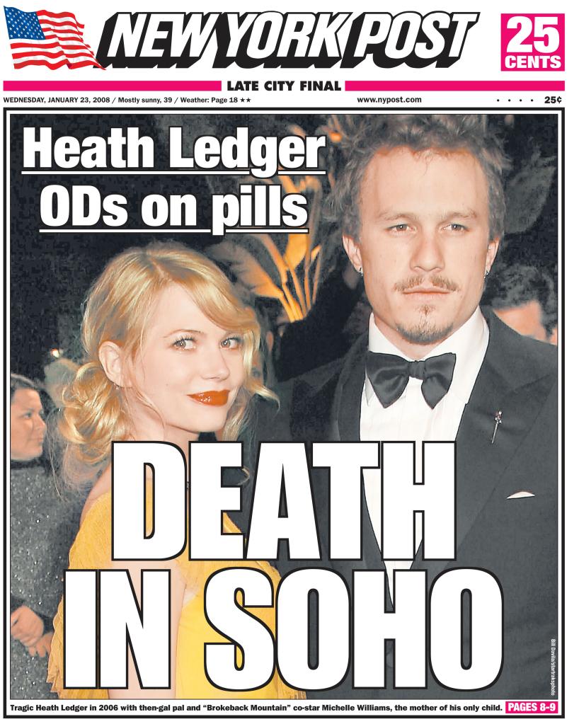 Heath Ledger in a photo on the cover of the New York Post. 