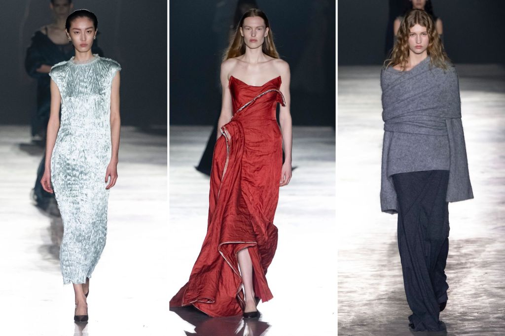 Three looks from Jason Wu include a silver dress, a red dress, and a gray sweater.