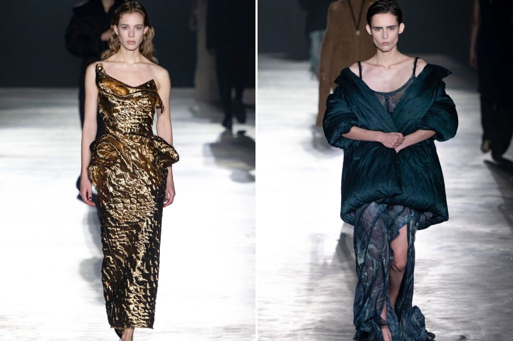 A gold dress and a green coat and dress at Jason Wu.