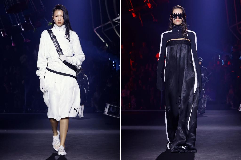 Two side-by-side runway images from Puma Mostro show a white basketball-inspired ensemble alongside a coutuer take on a tracksuit.