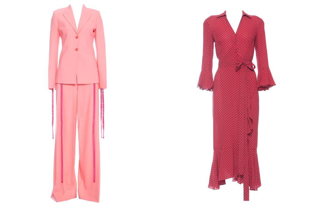 Image of a coral-colored Off-White by Virgil Abloh suit (left) next to a red, polka dot Michael Kors dress (right)