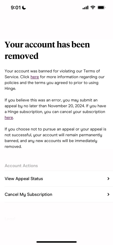 The notice Leyb received from Hinge about his account being removed.