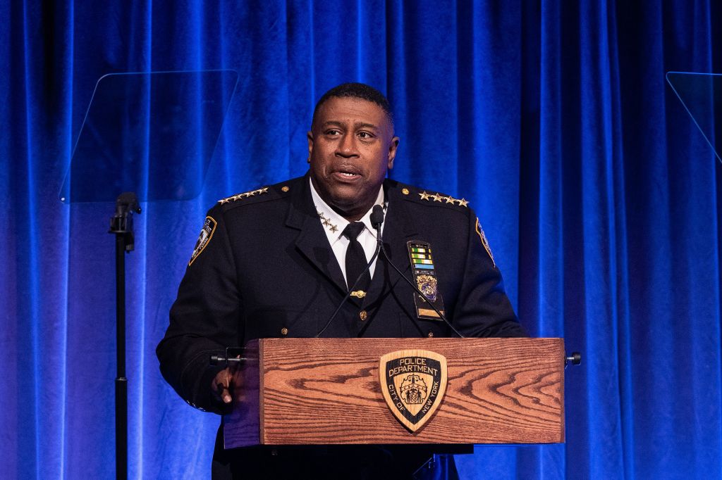 NYPD Chief of Department Jeffrey Maddrey talks to new interns at One Police Plaza.