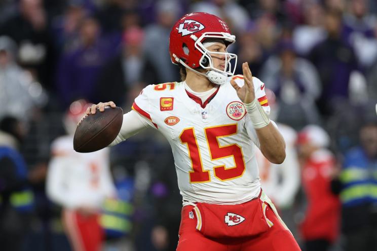 Patrick Mahomes #15 of the Kansas City Chiefs throws a pass.