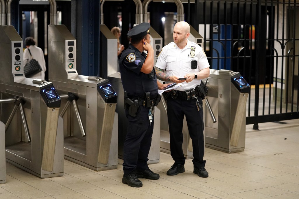 Police at the scene where a person was slashed with either a bottle or an unknown object inside the subway station at Broadway and W28th Street in New York, NY around 1:30 a.m. on September 3, 2023.