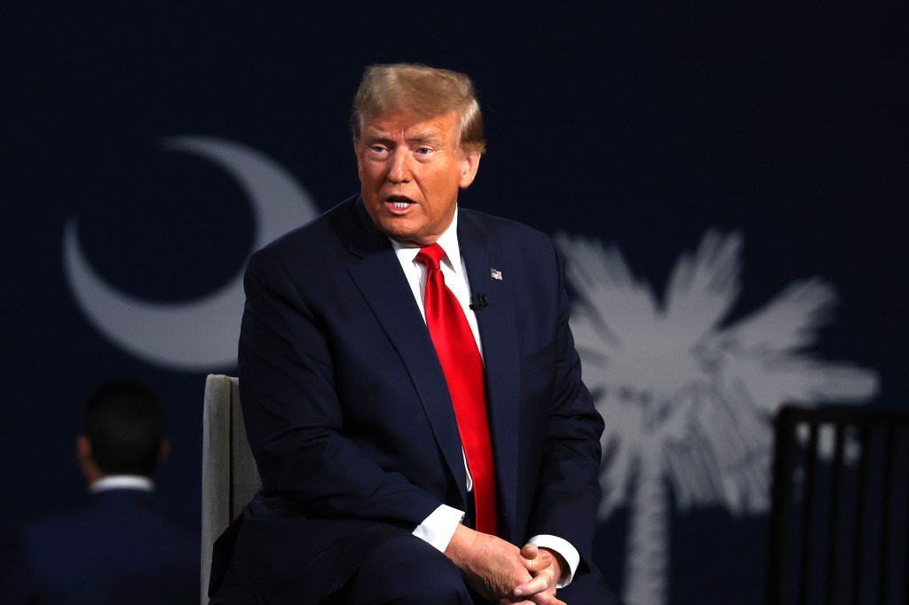 Donald Trump speaking at a Fox News town hall event during his presidential campaign in Greenville, South Carolina.