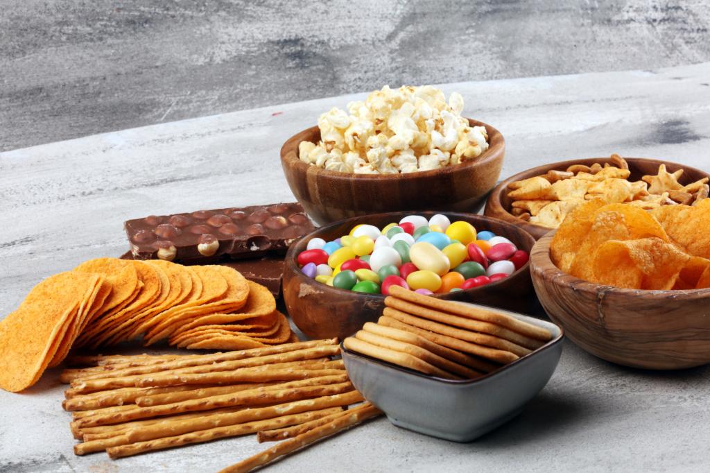 Salty snacks: pretzels, chips, crackers in wooden bowls, chocolate and candy on a table. Unhealthy fast carbohydrates food.