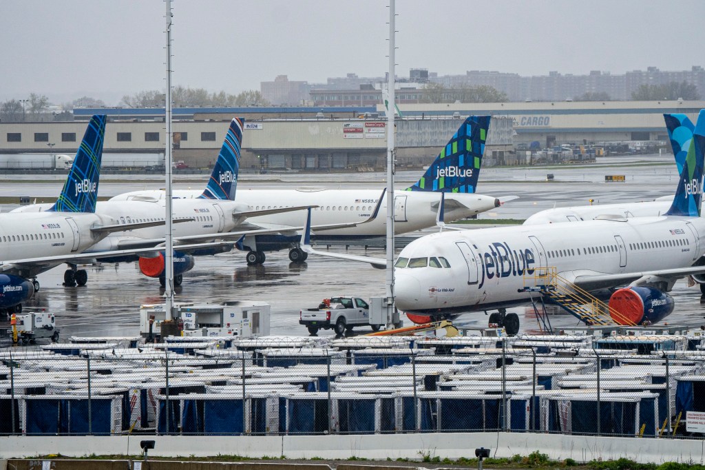 Parking lot with airplanes piled up at JFK International Airport during COVID19 pandemic.