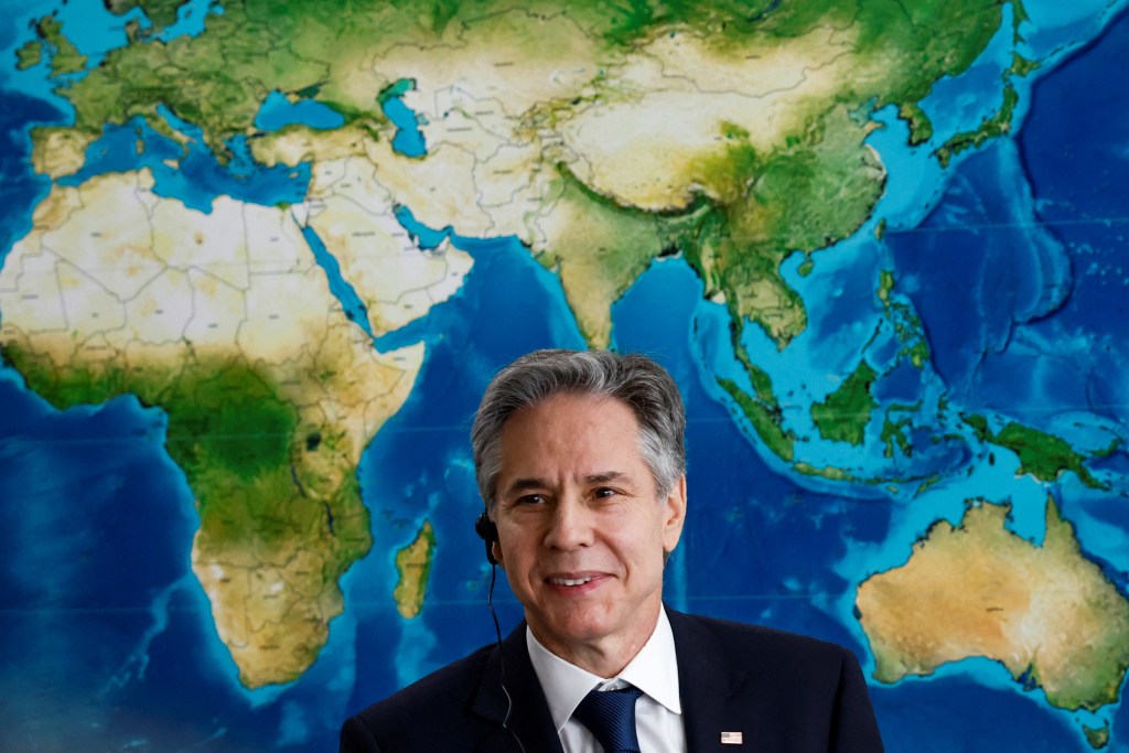 U.S. Secretary of State Antony Blinken looks on as he meets with Brazil's President Luiz Inacio Lula da Silva (not pictured) at the Planalto Palace in Brasilia, Brazil February 21, 2024.