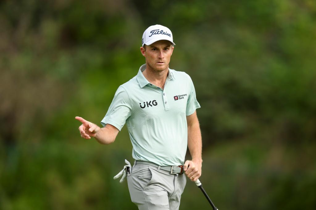  Will Zalatoris of the United States reacts after making a birdie on the 13th hole during the final round of The Genesis Invitational on Sunday.