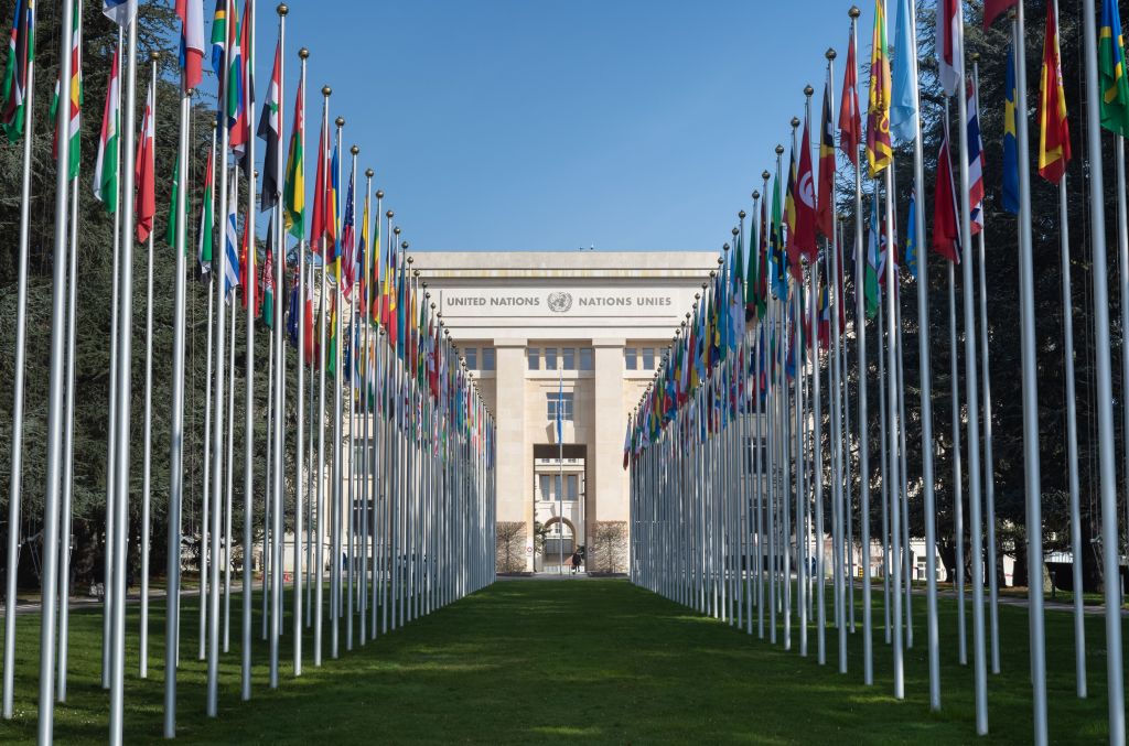 Exterior view of United Nations Office in Geneva, Switzerland, where UN High Commissioner for Human Rights addresses Gaza crisis in interactive dialogue meeting.