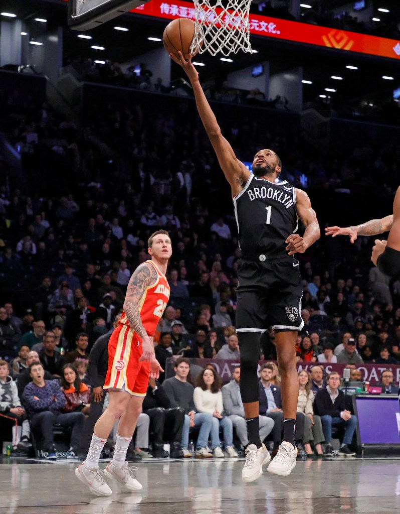 ikal Bridges #1 of the Brooklyn Nets goes up for a shot during the first half.