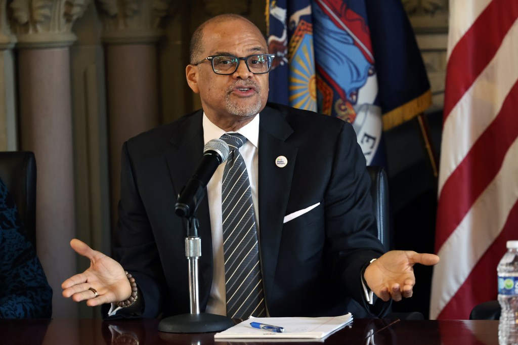 David C. Banks, Chancellor of New York City Public Schools, speaking at a press conference at DOE Headquarters 32 Chambers Street in Manhattan. 