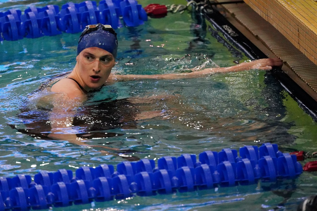  Pennsylvania's Lia Thomas waits for results after swimming the women's 200 freestyle final at the NCAA swimming and diving championships