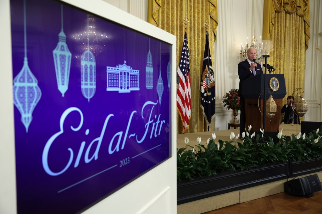 Biden speaks during a reception celebrating Eid-al-Fitr in the East Room of the White House on May 1, 2023.