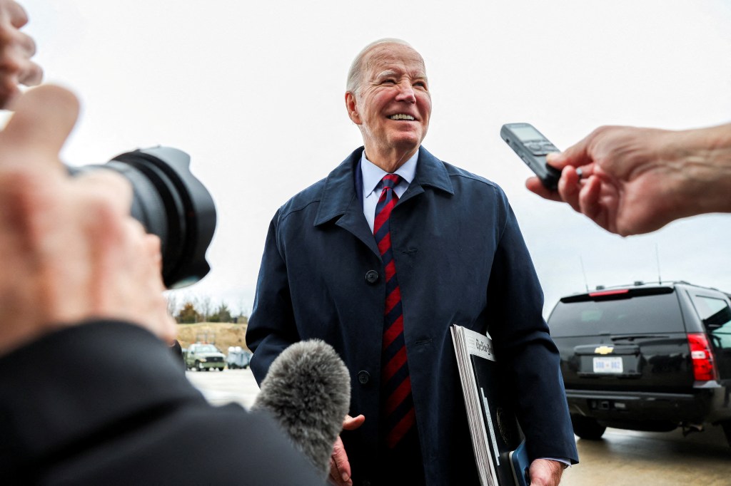 President Biden speaks to the press before boarding Air Force One at Hagerstown Regional Airport in Hagerstown, Maryland, on March 5, 2024. 