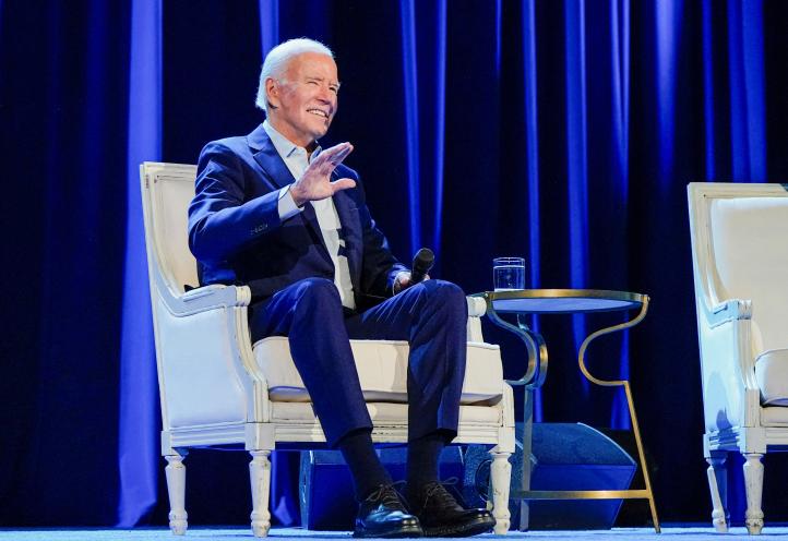 U.S. President Joe Biden and former Presidents Obama and Clinton in a panel discussion moderated by Stephen Colbert at a campaign fundraising event in Radio City Music Hall.