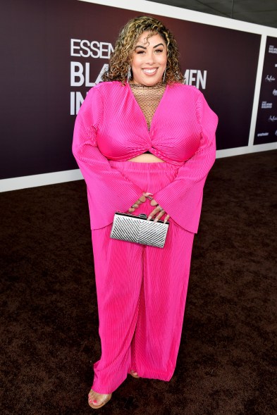 Geraldine Porras at the 2024 ESSENCE Black Women In Hollywood Awards Ceremony, wearing a pink outfit, in Los Angeles, California.