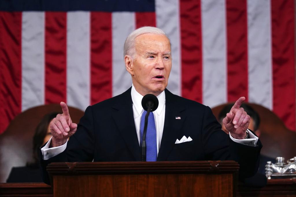 Joe Biden delivering State of the Union address to joint session of Congress at Capitol, Washington. No further details available.