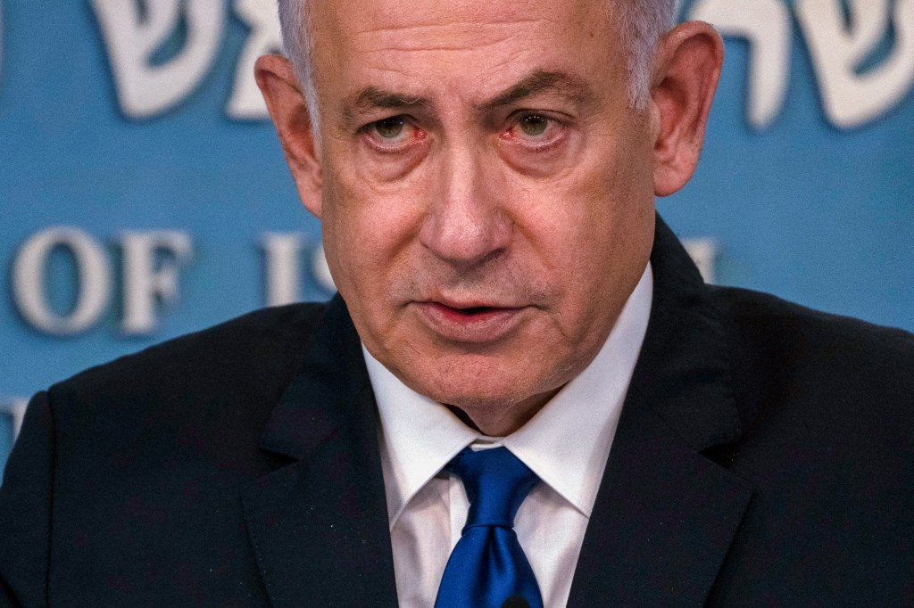 Israeli Prime Minister Benjamin Netanyahu speaks during a joint press conference with the German Chancellor after their meeting in Jerusalem on March 17, 2024. 